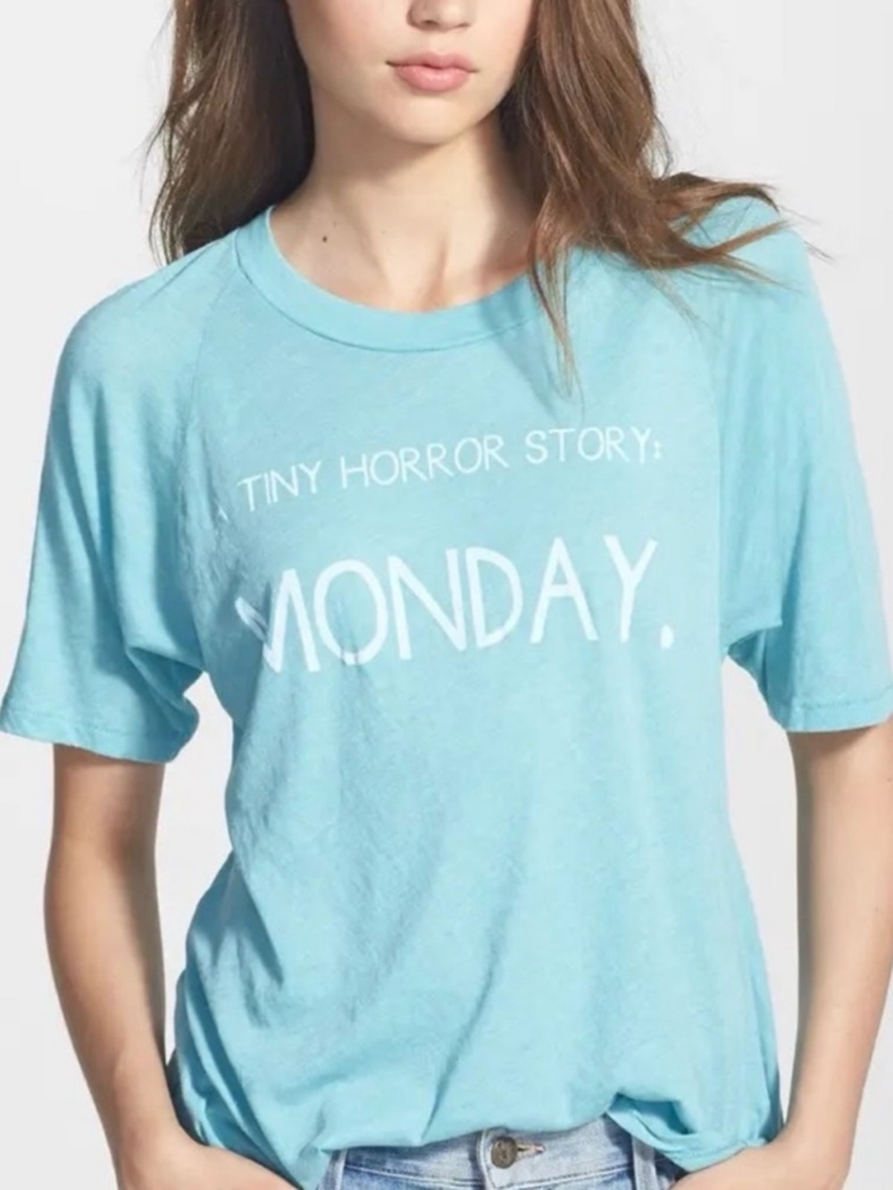 'Tiny Horror Story: MONDAY.' Light Blue Graphic Tee